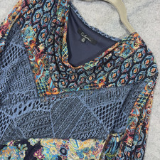 Calessa Blouse Tunic Womens 2X Blue Patchwork Crochet Drape Neck Lined picture