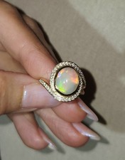 STUNNING EFFY AURORA 14k GOLD LARGE NATURAL ETHIOPIAN OPAL & DIAMOND HALO RING  picture