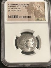 CLEOPATRA VII Egypt Pharaoh 34BC-33BC NGC Graded F Ptolemy Rare Tetradrachm Coin picture