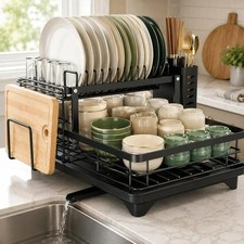 NEW Large Capacity 2-Tier Dish Drying Rack With Auto Drainboard, Kitchen Counter picture