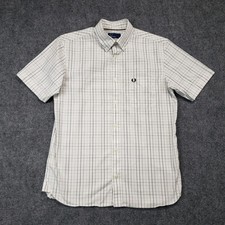 Fred Perry Button Down Shirt Mens Medium Plaid Cotton Short Sleeve Pocket Logo picture