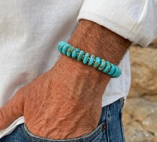 Large 10mm Kingman Blue Green Turquoise Bracelet, Sterling Silver, Lobster Clasp picture