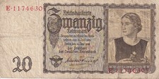 Currency Germany 1939 WW2 Fascism Reichsmark Zwanzig 20 Circulated Poor Worn picture