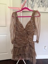 Rosevelvet Mocha Metallic Tulle Ruched Puff Sleeve Mini Dress picture