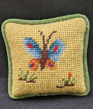 VINTAGE WOOL NEEDLEPOINT PINCUSHION MINI PILLOW HANDMADE BUTTERFLY GREEN VELVET picture
