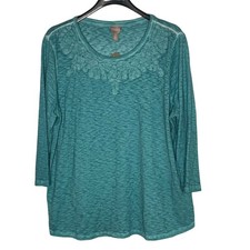 Chico's Carley Embroidered Burnout Top Teal Green Sz XL (3) Boho FLAW picture