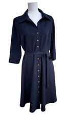 Sharagano Womens Size 14 Navy Button Front Shirt Dress Belted Midi Gold Tone picture
