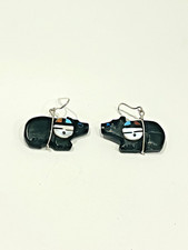 CHARMING VINTAGE BEAR SHAPED ZUNI INDIAN JET FETISH EARRINGS WITH SUN FACE INLAY picture