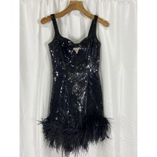 RARE Lillie Rubin Black Sequin Feather Trim Mini Dress Size 4 Vintage Glam Party picture