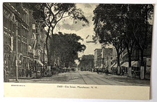 VTG 1905 MANCHESTER NH Postcard BUSY ELM STREET STREET CAR TRACKS HORSES BUGGIES picture