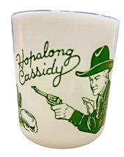 Vintage Hopalong Cassidy Milk Glass Child's Mug D Handle Green Illustrations picture