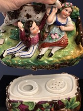 Antique 1840s English Porcelain Figural Inkstand Rare Scene & Sander With Sand picture