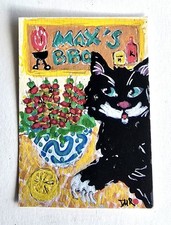 Original ACEO Black Cat Loves shish kabobs Skewers Dulce Maria Rico