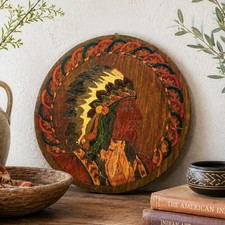 Native American Chief Pyrography Plaque Antique Hand Painted Folk Art picture