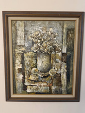 Vintage Mid-Century Modern Heavy Impasto Floral Oil Painting J. Smith 26x30 picture