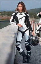 WOMEN'S BLACK RACING MOTORCYCLE MOTORBIKE MOTO GP BIKER COWHIDE LEATHER SUIT picture