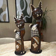 Vintage Hand-Painted Wooden Cat Figurines Set of 2 Brown Freestanding Decor picture