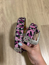 Y2K Pink & Black Animal Print Studded Belt, Rhinestone Silver Buckle, M picture