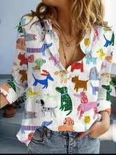Size 8/10 Medium Large Colorful Dog Paw Textured Top Shirt Collared Button Dogs picture