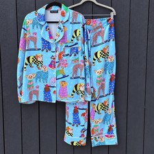 Karen Mabon Ski Dogs Satin Pajama Set S Christmas Graphic Whimsical Novelty picture