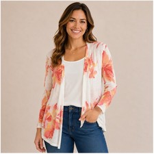 Chicos Open Cardigan Size 3 XL White Pink Floral Light Weight 3/4 Sleeve Sweater picture