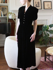 Vintage 30s 40s Handmade S Silk Velvet Dress Black Bias Cut picture