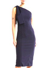 MARINA Bow Detail One Shoulder Sheath Navy Crepe Stretchable Dress sz. L New picture
