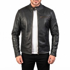 Men's Black Real Leather Motorcycle Cafe Racer Jacket Vintage Biker Slim Fit Coa picture
