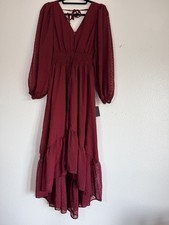 Lulus Burgundy Clip Dot Chiffon Tiered Maxi Dress Balloon Sleeve Size M NWT picture