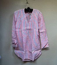 L.L. Bean Womens Tunic Top Notched Neck Long Sleeve Medium Stripe Pink Linen New picture