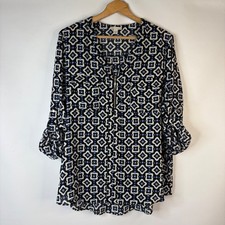 Cato Blouse Women 18/20W Black Blue Geometric Zip Roll Tab Tunic picture