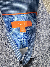 Tallia Men’s Dress Shirt L 16-16 1/2 32/33 Blue/White Geometric Stretch picture