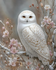 Snowy Owl Perched Among Pink Blossoms Print - 581151086 picture