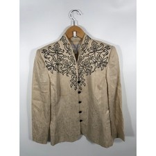 VTG Adriana Papell 100% Silk Jacket Womens 8 Beige Embroidered Mandarin Collar picture
