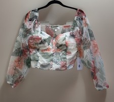Rosevelvet Floral Mesh Chirred Sheer Balloon Sleeve Bustier Crop Blouse NWT picture