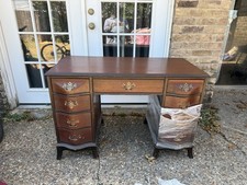 Vintage Wooden Executive Desk / Vanity Table with Brass Hardware & Drawers picture