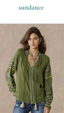 NEW SUNDANCE LIVING CATALOG Women’s Embroidered TOTORA Green Long Sleeve Top L picture