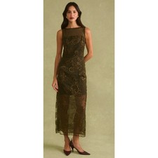 Few Moda Sorella Atelier Olive Green Beaded Paisley Mesh Maxi Dress Size 2 picture