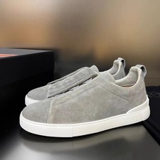 Men's Zegna Triple Stitch Low-Top Slip-On Beige Suede Casual Shoes picture