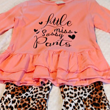 Girls 2T 2-Piece Outfit Set Pink Long Sleeve Ruffle Knit Top & Leopard Pants picture