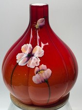 Fenton Red  Vase Hand Painted By D. Robinson Floral Rare Signed W/sticker picture