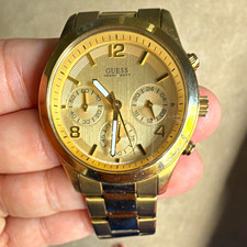 GUESS Gold-Tone Analog Gold Dial 12/24-Hour Bracelet Watch Stainless Steel picture