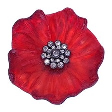 Alexis Bittar Red Flower Brooch Pin Vintage Lucite Rhinestones 2.5