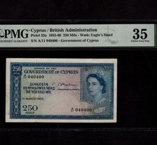 Cyprus 250 Mils 1960 P-33a * PMG VF 35 * Super Rare Date * picture