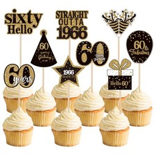 36PCS Happy 60Th Birthday Cupcake Toppers Double Sided Black Gold Sixty Hello 60 picture