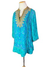 Soft Surroundings Size PS Chiffon Bronte Tunic Top Beaded Teal Floral picture