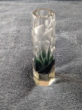 ATQ VTG Moser Karlsbad Green Fade Cut Glass Bud Vase Faceted 6