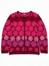 Oleana Women’s Cardigan Made in Norway 75% Merino Wool 25% Silk Floral Pink Red  picture