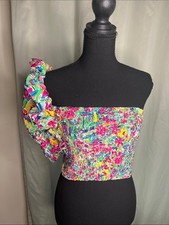 Zara One-Shoulder Smocked Floral Crop Top - Pink, Green, Yellow, Blue picture