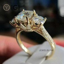 4.25 CTW Cushion Cut CVD Lab Grown Diamond Three Stone Ring in 14K Yellow Gold picture